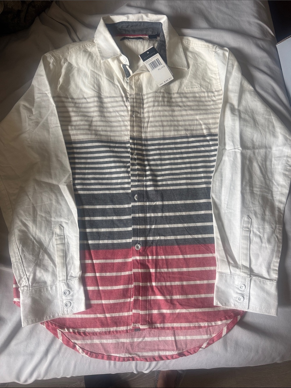 Sean John White Button-Down Shirt with Gray and Red Stripes
